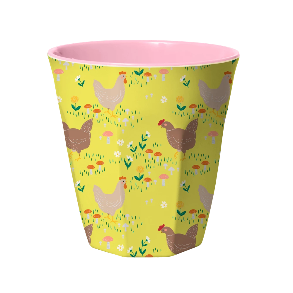 Two Tone Melamine Cup Hen Print - Yellow