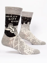 Load image into Gallery viewer, Worst Gift Ever Men’s crew Socks by Blue Q | £11.95. Ethical and sustainable socks with quirky, humorous designs and vibrant colours. This design features a sad sock sitting along on a staircase looking out onto a city landscape with the words “Worst Gift Ever” above.  s
