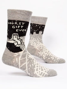 Worst Gift Ever Men’s crew Socks by Blue Q | £11.95. Ethical and sustainable socks with quirky, humorous designs and vibrant colours. This design features a sad sock sitting along on a staircase looking out onto a city landscape with the words “Worst Gift Ever” above.  s