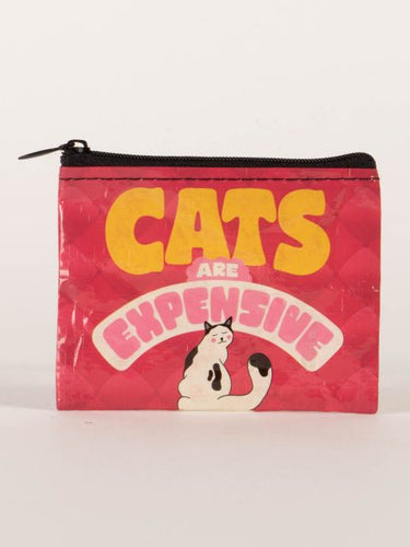 Useful little zipper coin purse by Blu Q.  Red background with large letters reading CATS ARE EXPENSIVE  and featuring a picture of a fluffy looking black and white cat.