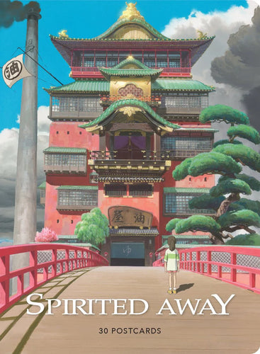 Spirited Away illustration of  pagoda building and red bridge in foreground on cover of a collection of 30 postcards