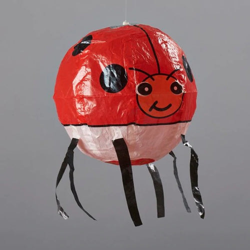 The ladybird balloon is pictured inflated an dangling from a nylon string (string not included).  Ot has a sweet smile on it’s face, and 6 black legs danging down from it’s body.