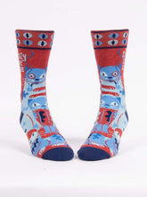 Load image into Gallery viewer, Crazy Cat Dude Men’s crew Socks by Blue Q | £11.95. Ethical and sustainable socks with quirky, humorous designs and vibrant colours. This design is in red with blue abstract cats and different coloured cat eyes with the words “Crazy Cat Dude” above. 
