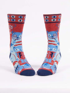 Crazy Cat Dude Men’s crew Socks by Blue Q | £11.95. Ethical and sustainable socks with quirky, humorous designs and vibrant colours. This design is in red with blue abstract cats and different coloured cat eyes with the words “Crazy Cat Dude” above. 